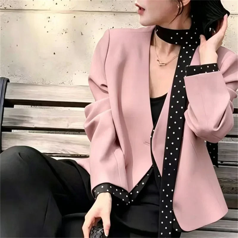 Women's Loose Suit Jacket Spring Autumn Fashion Patchwork Elegant Polka Dot Sash Breathable Casual Style Long Sleeve V-Neck