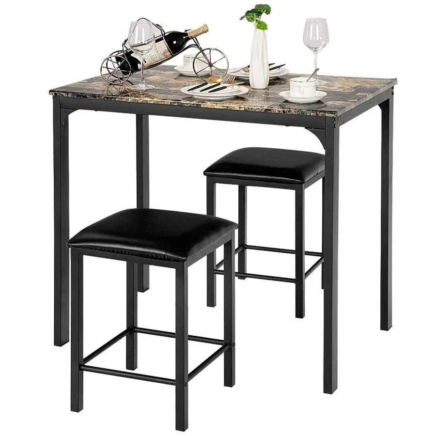 Dining Table Set for 2 w Faux Mable Tabletop and PU Leather Stools, 3 Pieces Table and Chairs, 2 Person Kitchen Table Set for Bi
