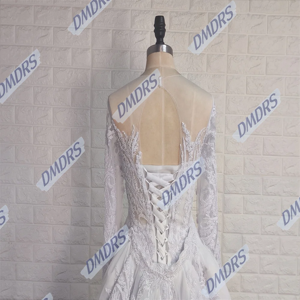 O-pescoço manga comprida vestido de noiva, grânulos brilhantes, apliques elegantes, vestido de noiva clássico, vestido de noiva