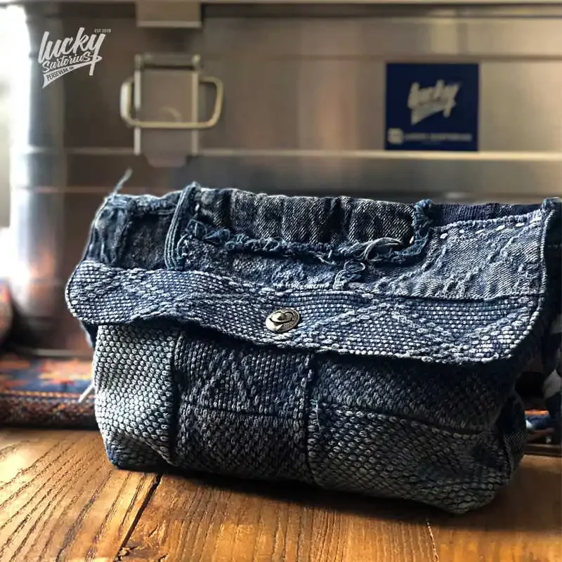 New Retro Indigo Washed Sword Path Fabric Yarn Multi Material Splicing Small Shoulder Crossbody Bag Casual Japanese Bag