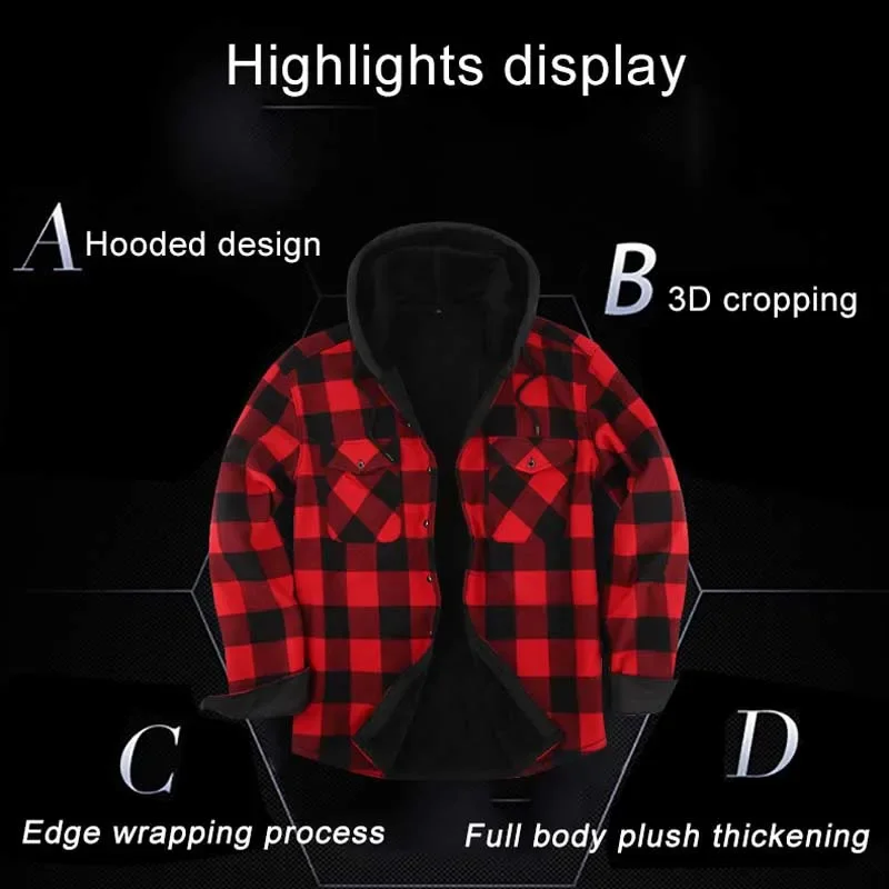 Autumn and Winter Wool Hooded Plaid Extra Thick Casual Large Size Men's Long-sleeved Shirt Warm Coat