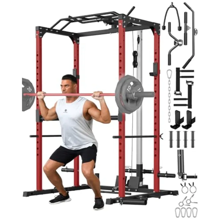 

Power Cage Power Racks for Home Gym with Pulley System 1200 LBS Weight Capacity Multi-Functional Squat Rack for Strength Workou