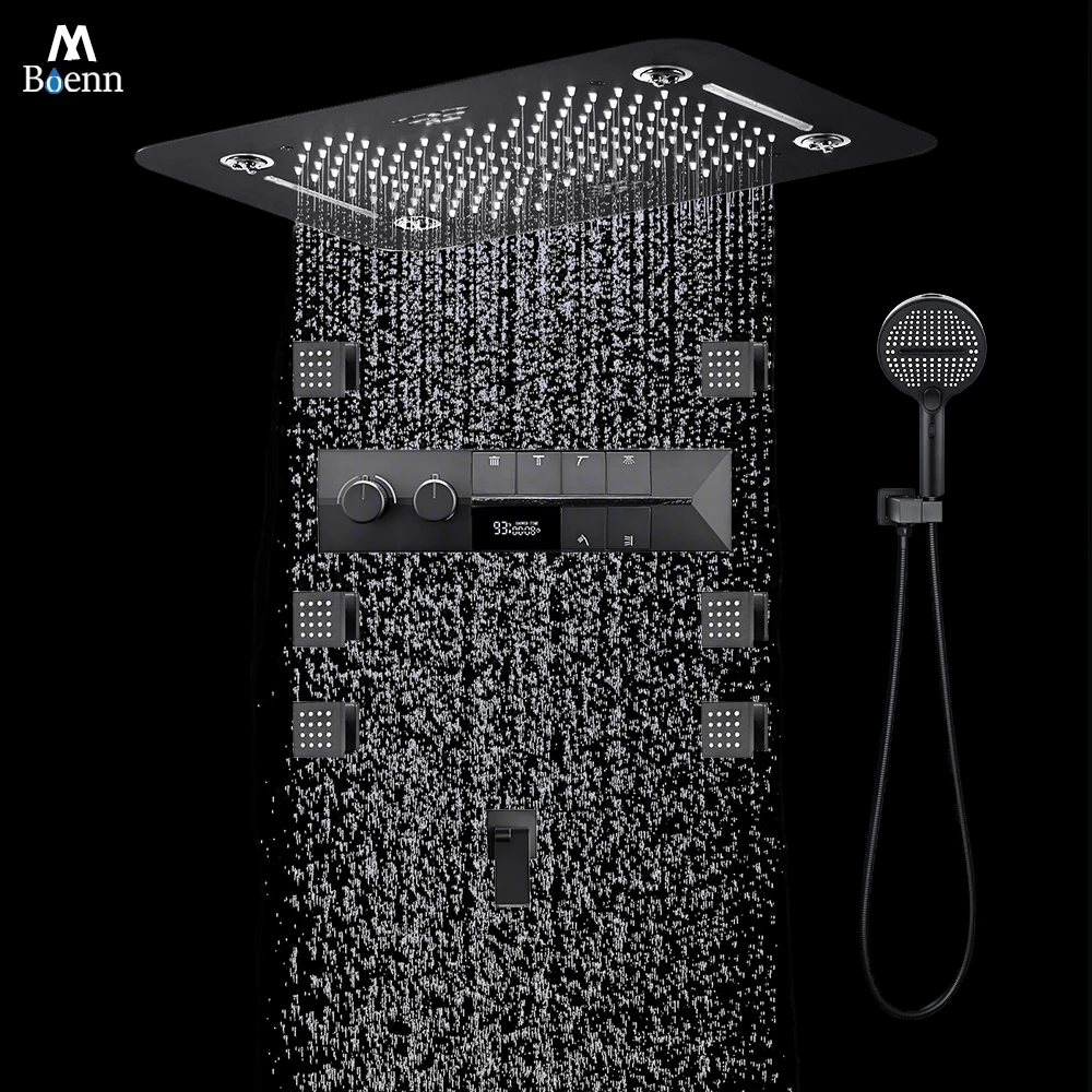 

M Boenn High-Quality Black Shower Set System Bathroom Faucet Embedded Ceiling LED Music Shower Head Rainfall Thermostat Diverter