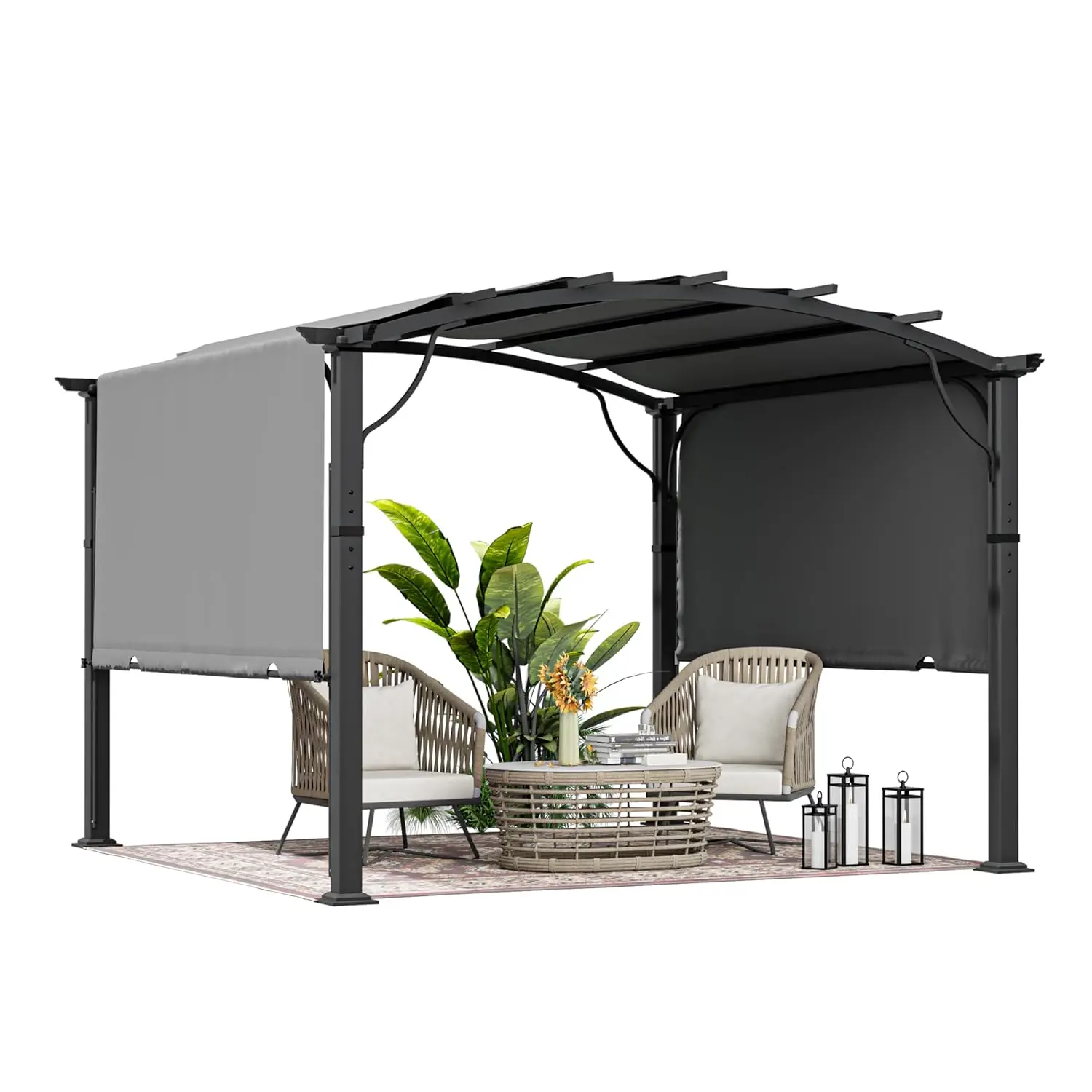 10'x10' Retractable Arched Pergola with Sun Shade, Aluminum Adjustable Frame, All-Weather Backyard Patio, Grey, Customized