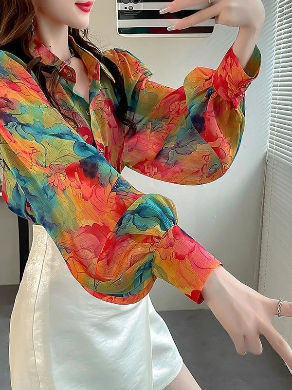 

Elegant Floral Print Loose Women's Shirt Lantern Sleeve Chiffon Slimming Spring Autumn Fashionable Office Style Long Sleeve P...