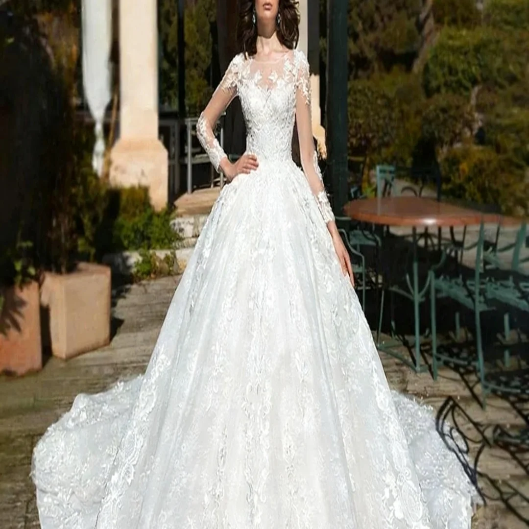 

Customized ElegantLong Sleeve Bride Dress Crystal Lace Appliques Scoop Bridal Gown Formal Bride Porm Party Gowns
