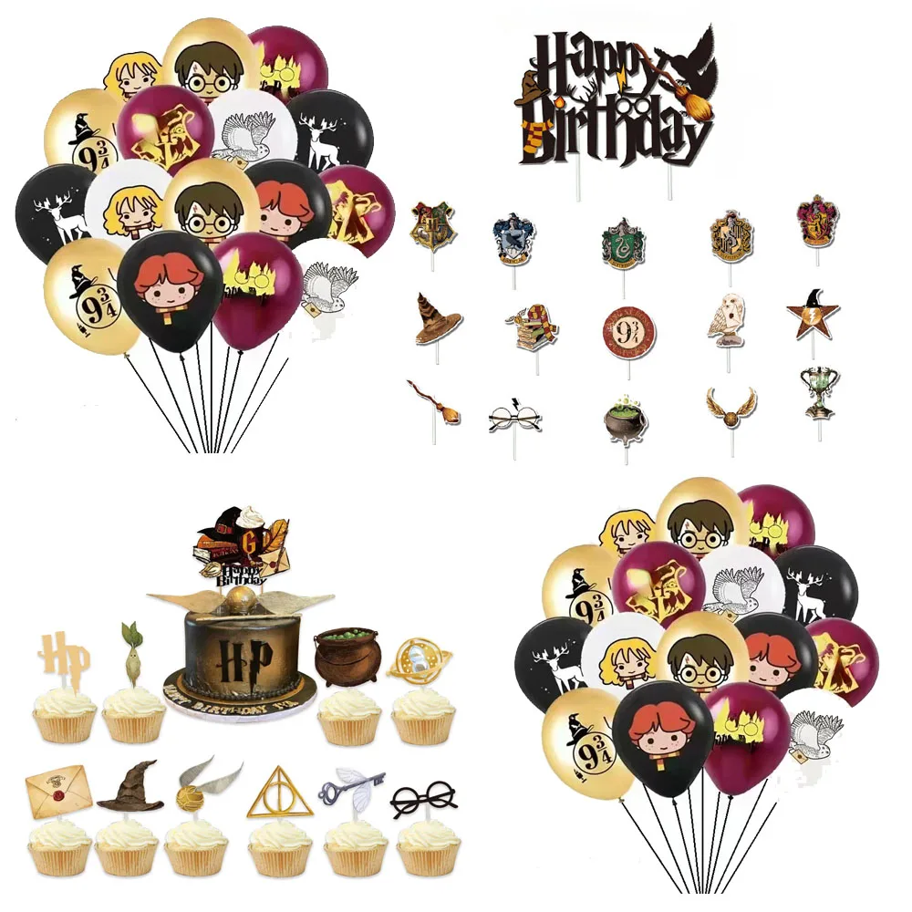 Cute Anime Hogwarts Balloons Harried Happy Birthday Party Cake Stick Decoration Magic School Potters Children Balloon Toys Gifts