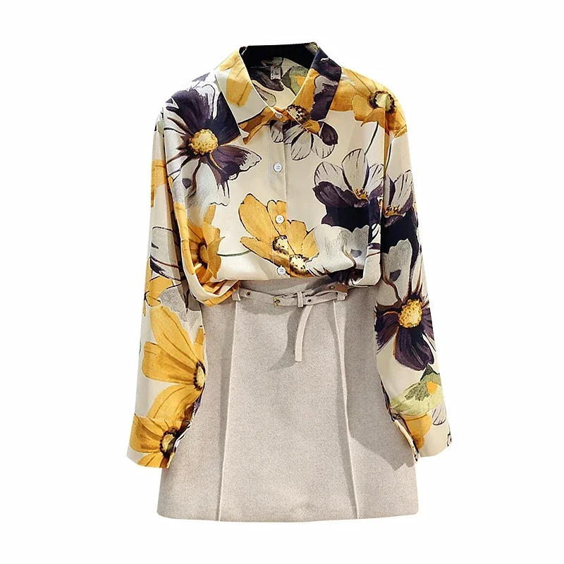 Spring Autumn Women's Blouse Korean Fashion Style Print Lapel Long-sleeved Blouse New Casual Loose Female Tops DE745