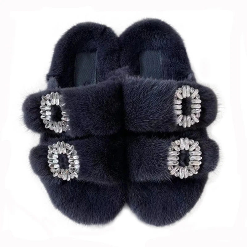 

2025 Women's Shoes Slippers Real Fluffy Mink Fur Flat Flip Flops Home Outdoor Non-Slip Wear -Resistant Flat Mink slippers