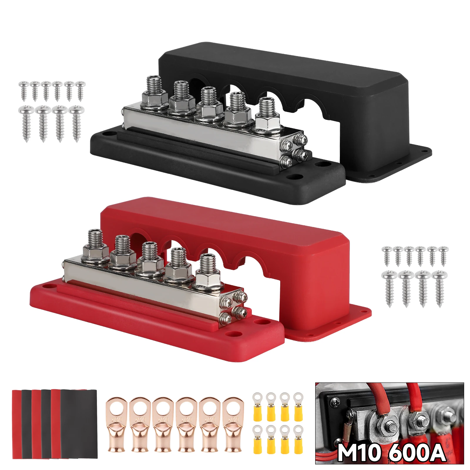 

Battery Ground 48V Distribution Block DC 600A M10 Studs 5 Terminal Positive Negative Terminal Block with Cover for Boat Car RV