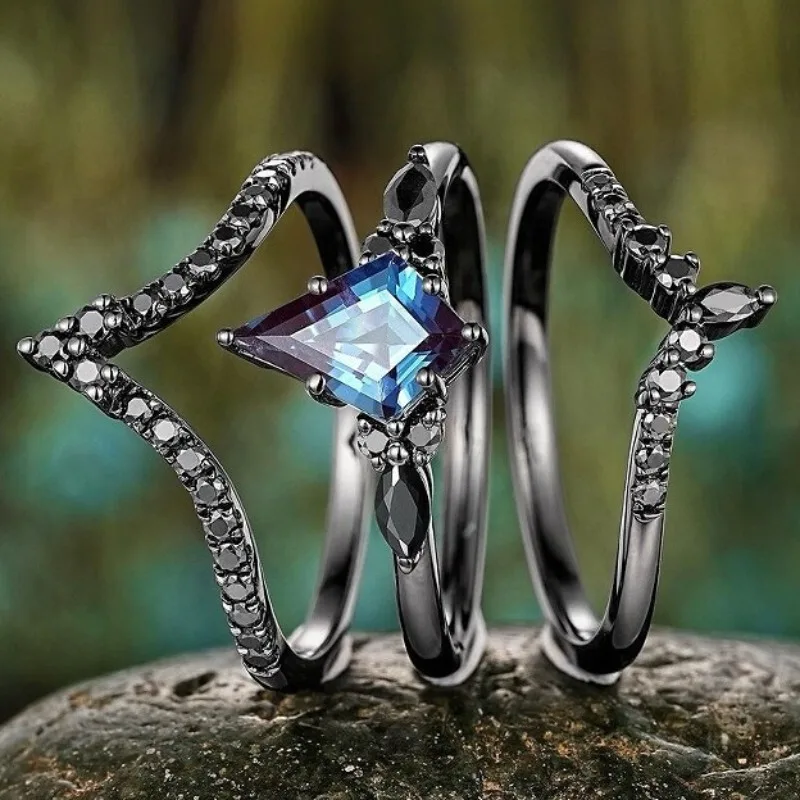 Elegant Black Gold Color Waterdrop Ring for Women Set Fashion Metal Inlaid Black Stones Ring Set Jewelry #1