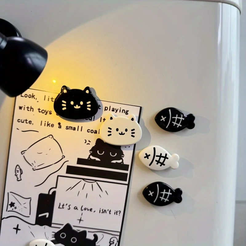 6pcs Cute Kitten Fridge Magnets Compatible for Refrigerator Freezer - Black White Cat Magnetic Decorations with Kitty Paw Prints