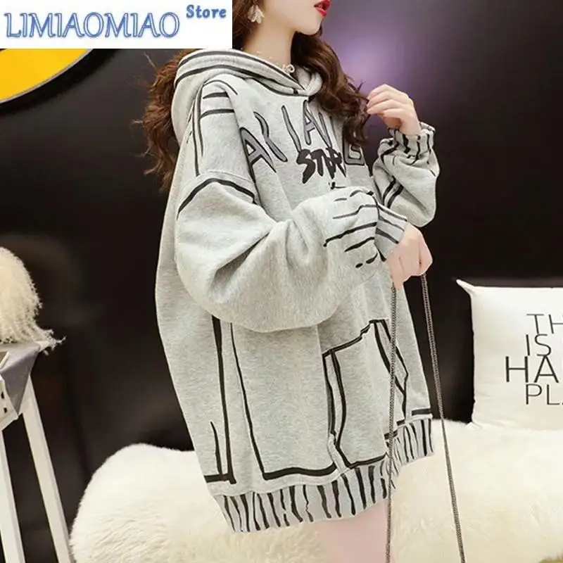 New Plush Padded Sweatshirt Women Autumn Winter Printing Hooded Long-sleeved Pullover Loose Fashion Commuter Top Female 316