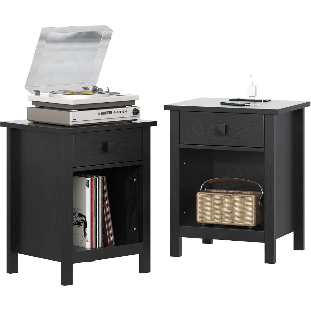 

Nightstand with Charging Station,Side Table with Wood Drawers and Storage Shelf, End Table Bedside Table USB Ports and Outlets