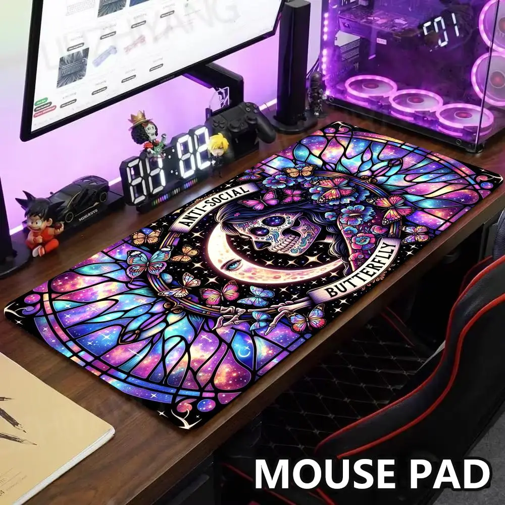 Butterfly Skull Extended Mouse Pad Glass Galaxy Moon Floral Large Desk Mat Non-Slip Rubber Keyboard Mat for Computer Dark Decor
