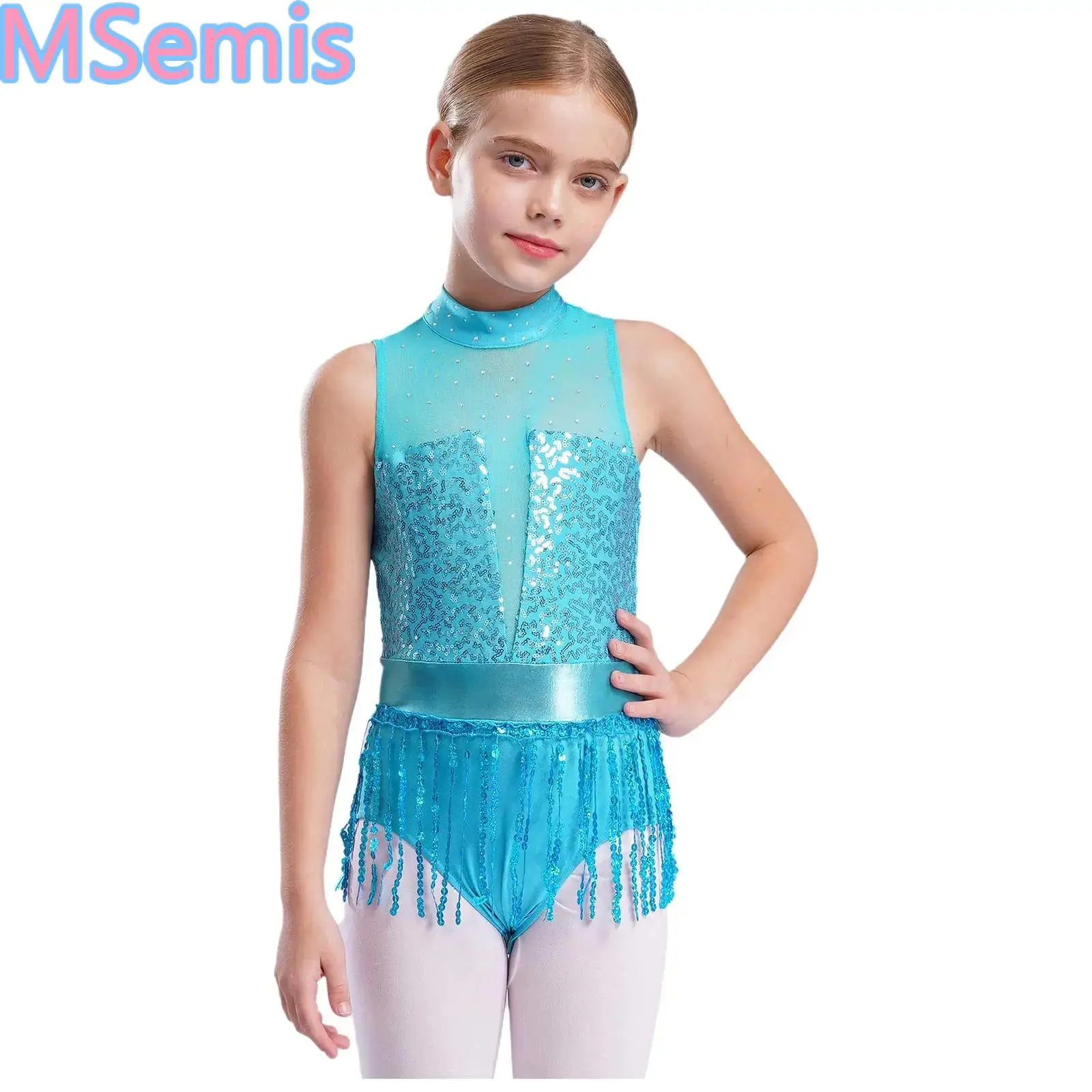 

Kids Girls Sparkly Sequins Tassels Dance Leotard Stage Performance Costume Sleeveless Keyhole Back Patchwork Fringed Bodysuit