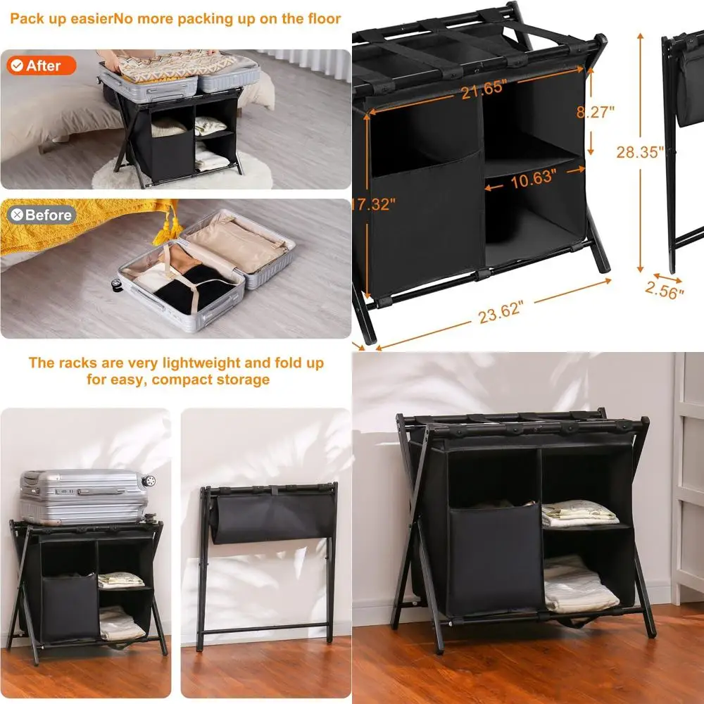 

Double Steel Folding Suitcase Rack with Laundry Bag, Storage Shelf, Ideal for Bedrooms and Hotels, Black, Pack of 2