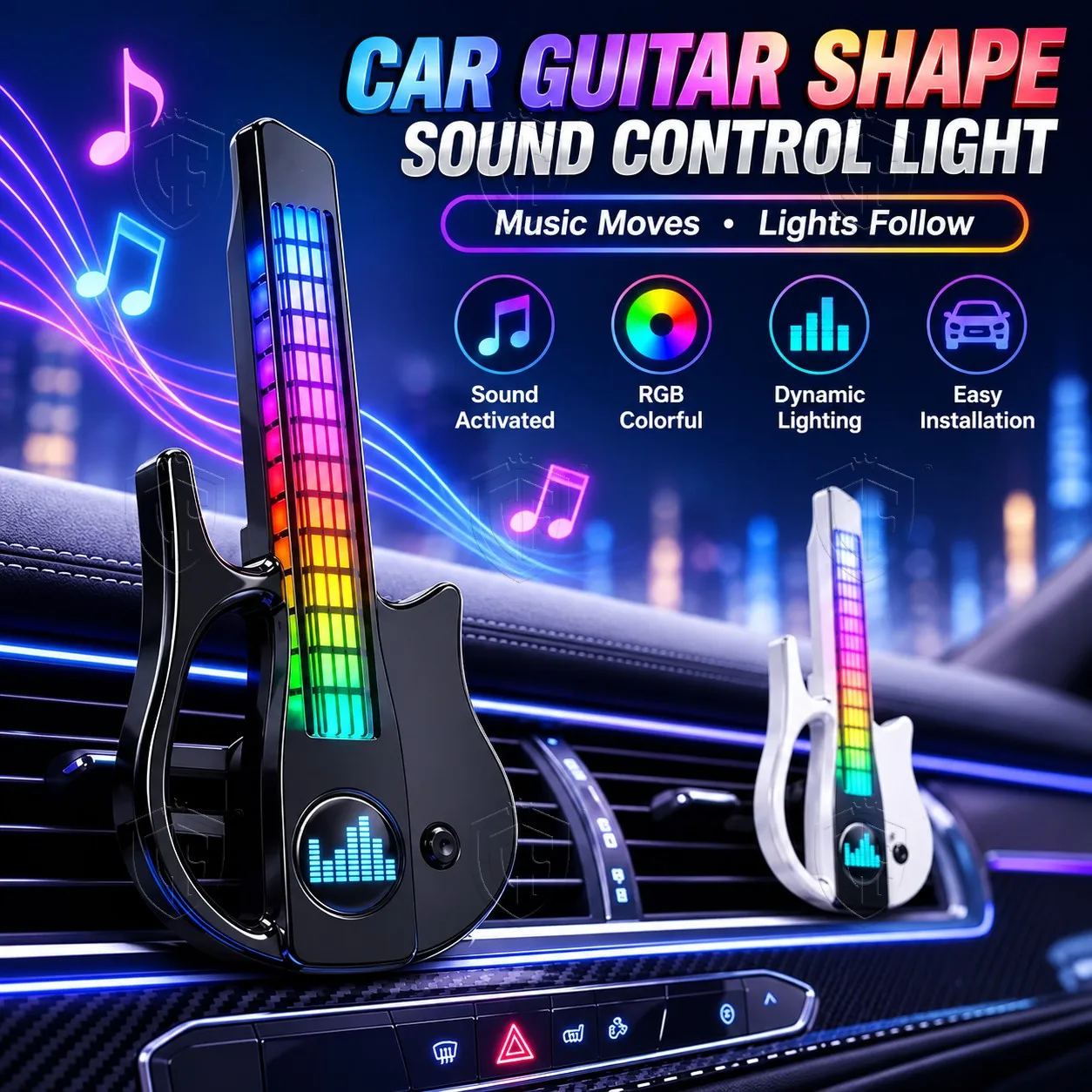 Electric Guitar Car Air Freshener, RGB Voice Activated LED Rhythm Light with Vent Clip Aroma Diffuser for Drivers and Music Fans