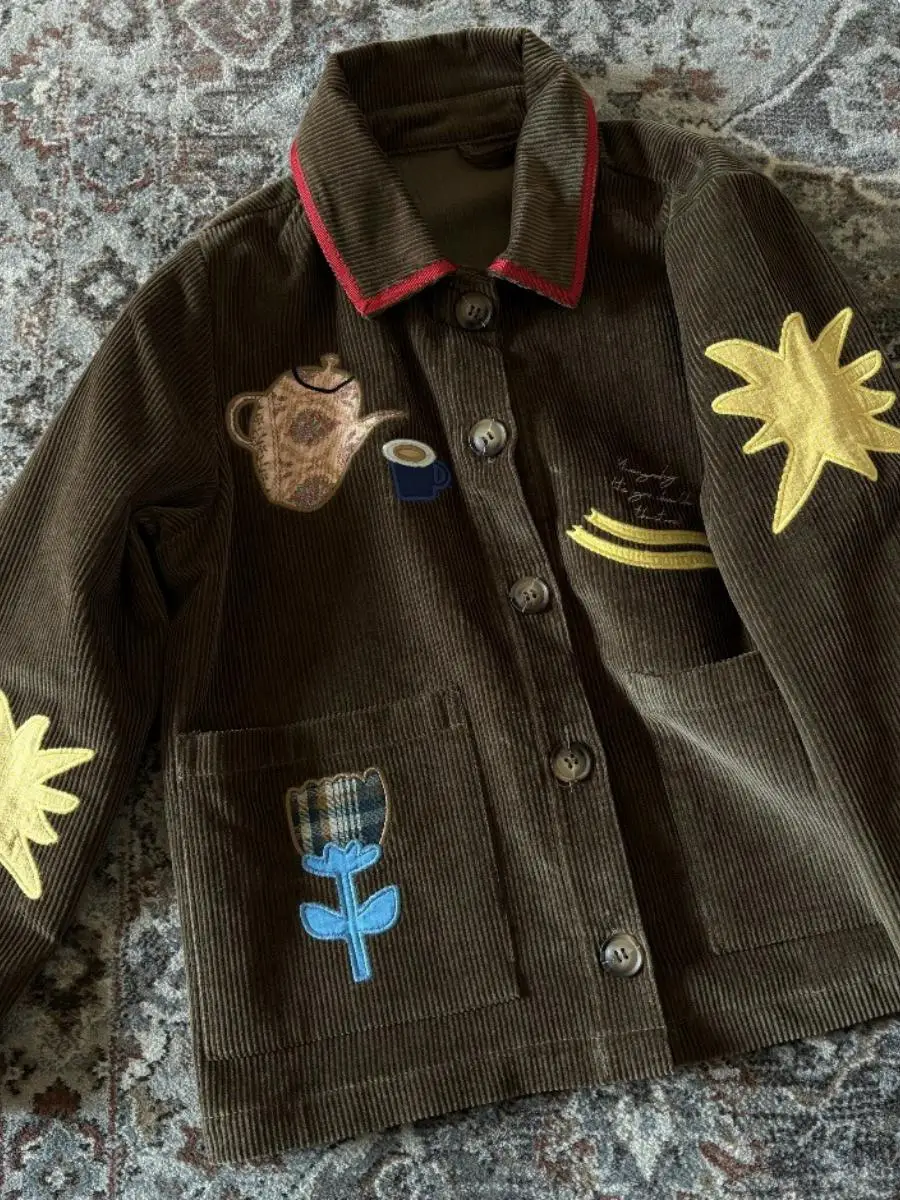 Abrigo ortopé con cuello levantado de pana bordada para niña, ropa de abrigo de moda coreana para niña, primavera y otoño