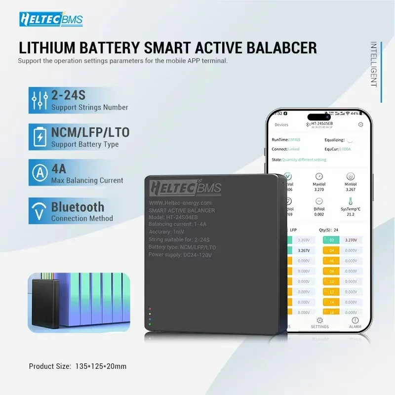 Égaliseur intelligent actif pour batterie au lithium LiFePO4 Heltec 24S 4A 10A 15A 20A 2-16S 23S avec communication Bluetooth/CAN