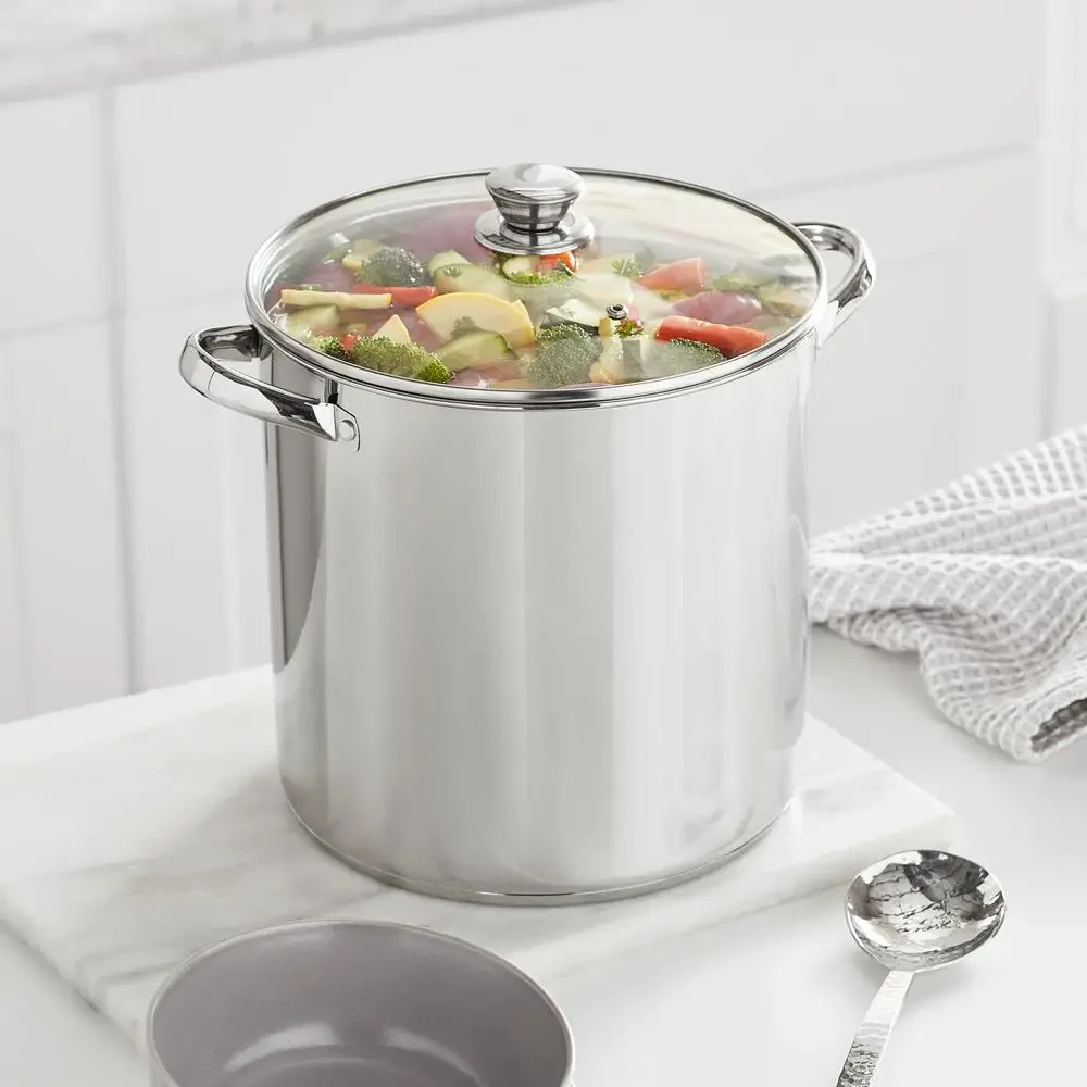 12-Quart Stainless Steel Stock Pot with Glass Lid Ideal Soups Sauces and Pastas Stay-Cool Handles Transparent Lid Induction Safe