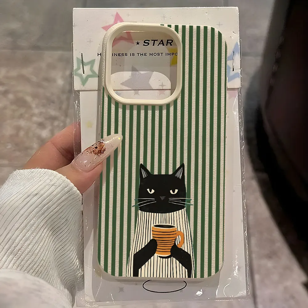 Capa de Celular Macia com Estampa Divertida de Gato e Café, Textura Lichia, à Prova de Choque para iPhone 17 16 15 14 13 12 11 Pro Max 15 14 Plus 17 Air XS XR