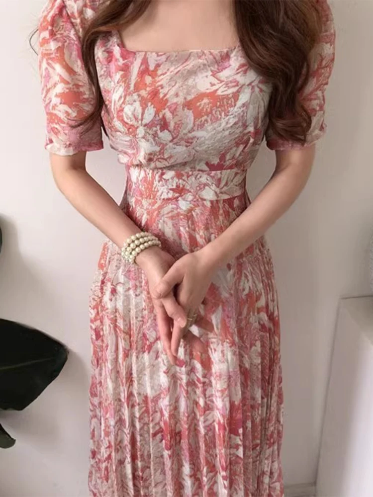 Korea Chic Summer Retro Dresses Temperament Square Collar Slim Dresses Pleated Design Vestidos Puff Sleeve Floral Dress Woman