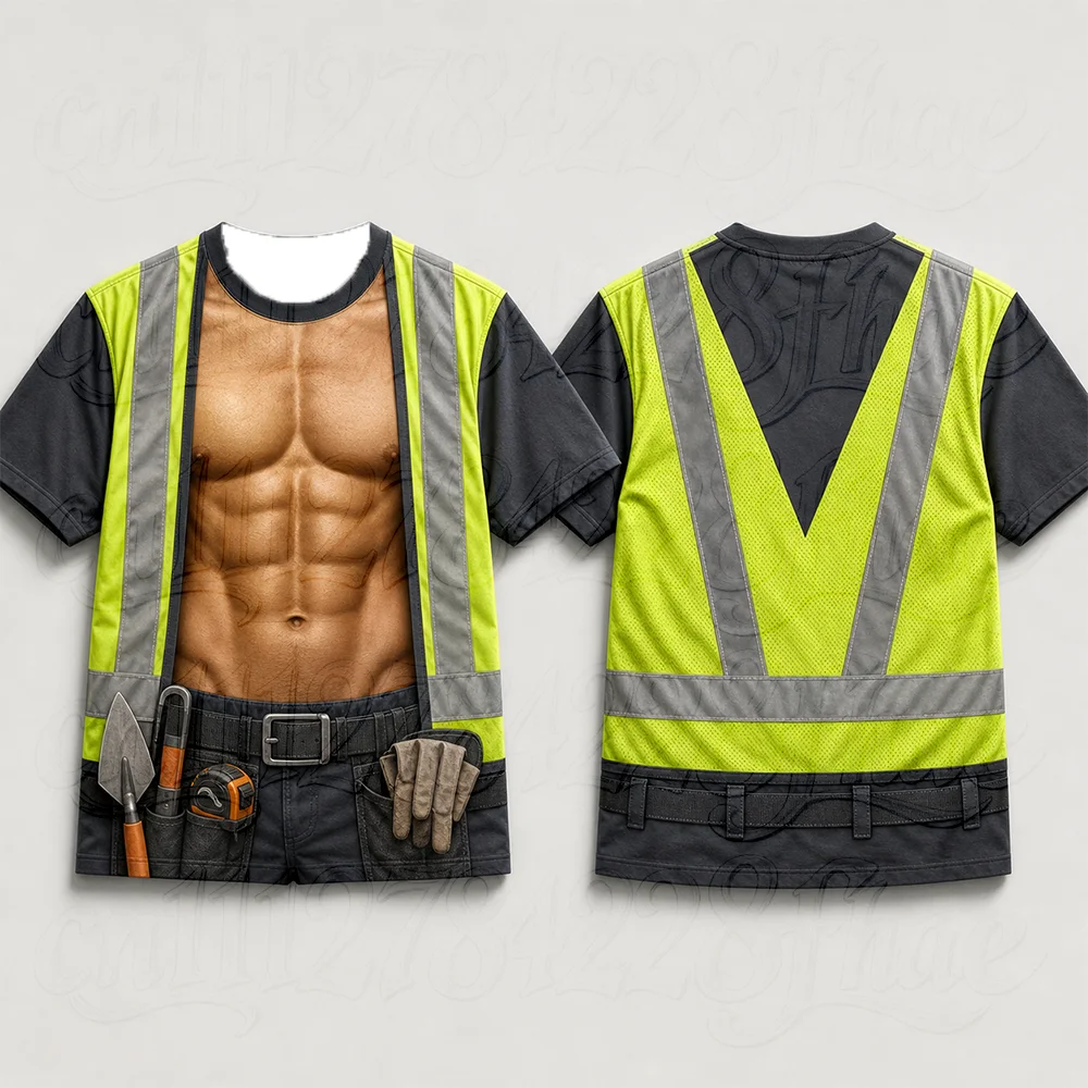 Funny 3D Muscle Worker Print Parent-Child O-Neck Short Sleeve T-Shirt Fake Abs Lumberjack Cosplay Halloween Costume Graphic Tees