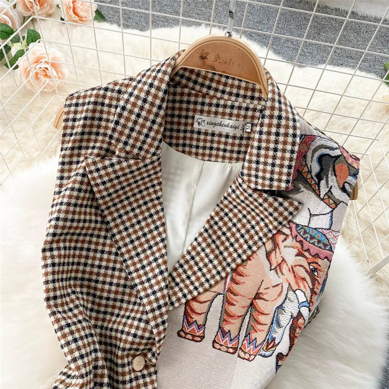 Fashion Women Plaid Waistcoat Short Pants Suits Sleeveless Embroidery Vest Tops Wide Leg Trousers Sets Vestidos