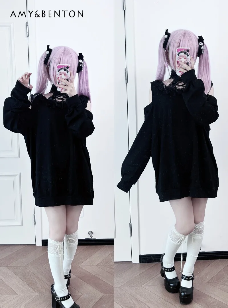 

Original Off-Shoulder Cat Ear Halter Sweatshirt Subculture Kawaii Cute Halter Lace Round Neck Long Sleeve Mid-Length Goth Hoodie