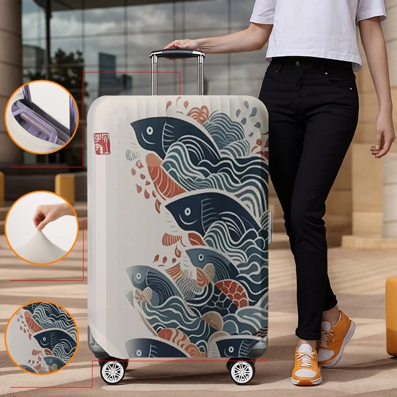 Japanese Koi Wave Pattern Luggage Protective Cover, suitable for 18-32 inch luggage covers, luggage handle gloves, travel access