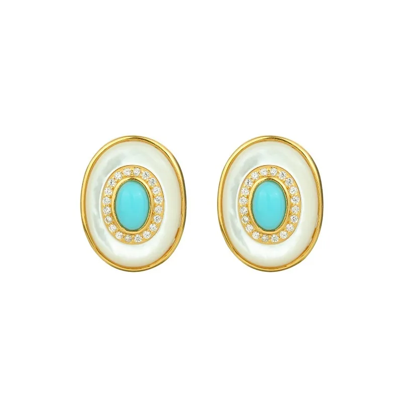 

S925 sterling silver gold-plated turquoise, stud earrings retro light luxury niche