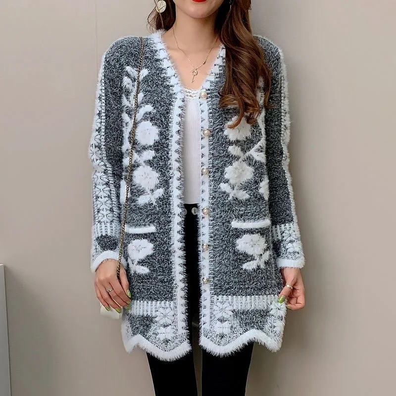 

Furry Cardigan Sweater Women 2025 Autumn Winter Women Clothing Soft Slim Knitwear Coat Single Breasted Jacquard Cardigans