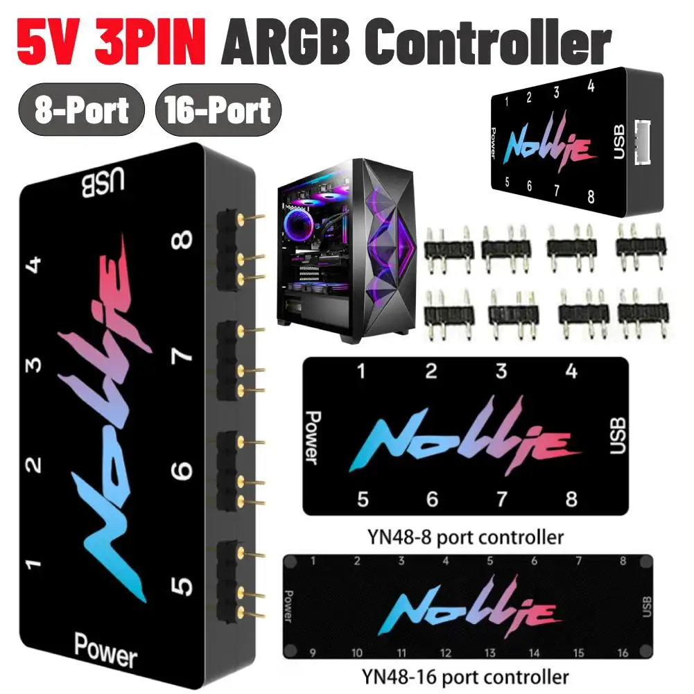 5V 3PIN ARGB Controller 8 Way Addressable ARGB Splitter Nollie SignalRGB OpenRGB for Computer PC Case Cooling Fans Light Strip