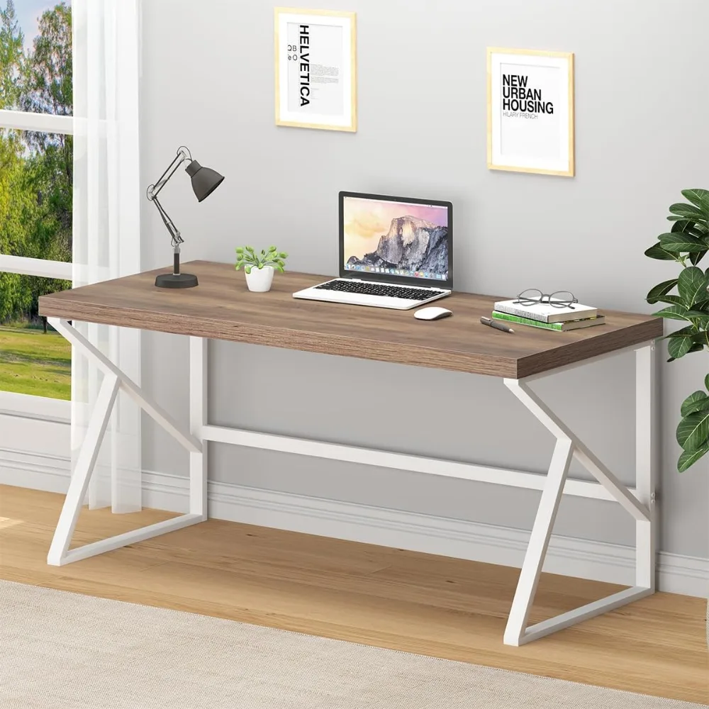 

Farmhouse Computer Desk, Large Home Office PC Desk, Modern Simple Metal Wood Desk Workstation for Executive Writing Study