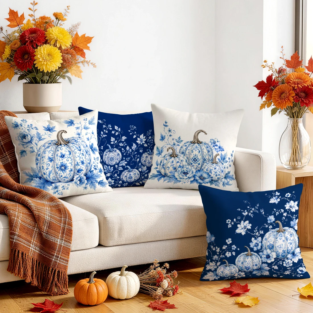 1pcs/4pcs Autumn Porcelain Pumpkin Cushions Pillowcase Polyester Cushion Cover Throw Pillow Pillowcover Home Car Sofa Decor