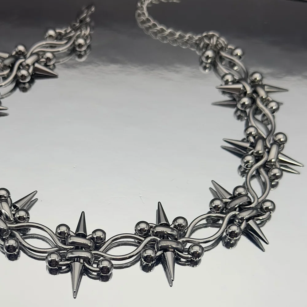 Handmade Punk Rock Piercing Spike Double Layer Chain Cross Choker for Women Men Grunge Fashion Stainless Steel Rivet Necklace
