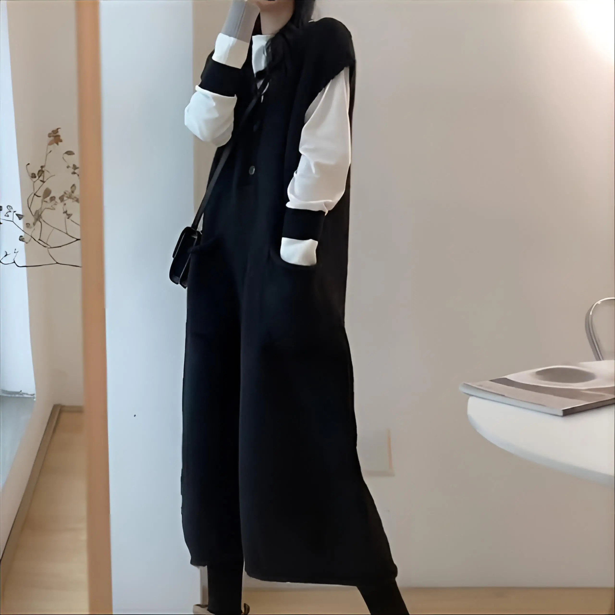 

Вязаное платье-макси без рукавов для женщин, осеннее, в готическом стиле, с воротником, для защиты от солнца, многослойное, в рубчик, с флокированием, простое