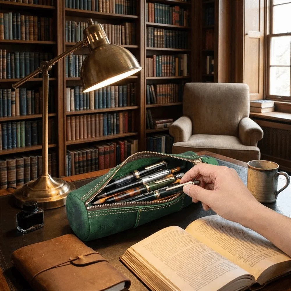 Simple Handmade Leather Pencil Case Retro Zipper Closure Storage Pouch Genuine Cowhide Portable Leather Pen Bag Office Supplies