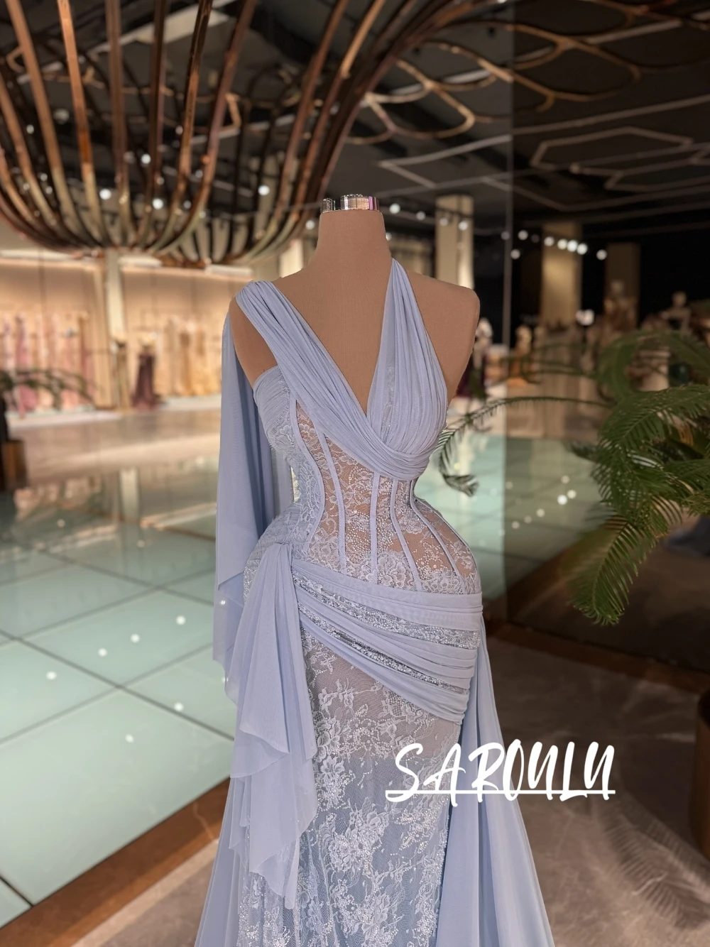 

Elegant Sky Blue Mermaid Evening Gown Charming Dazzling Lace Appliques Draped Chiffon Plus Size Formal Prom Dress For Women