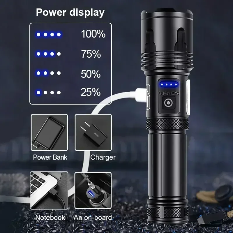 Powerful P70 LED COB Flashlight USB Rechargeable Torch Ultra Bright Tactical Light Telescopic Zoom Torch with Red Side Lights