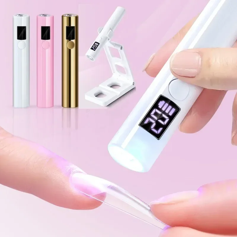 Portable UV Nail Lamp with Foldable Stand, Mini Cordless LED Gel Curing Light, Rechargeable USB Fast Dry LCD Display for DIY