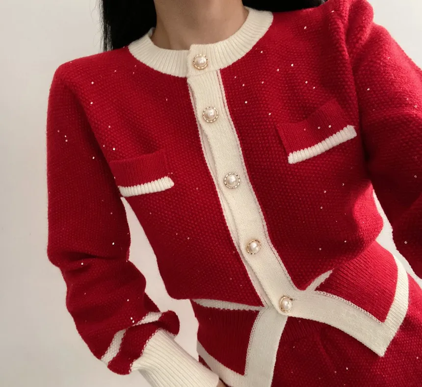 Vintage sequin Knitted Two Piece Set for women Contrast Color Long Sleeve Cardigan Top + Mini Skirt Sets Korean Fashion Outfits