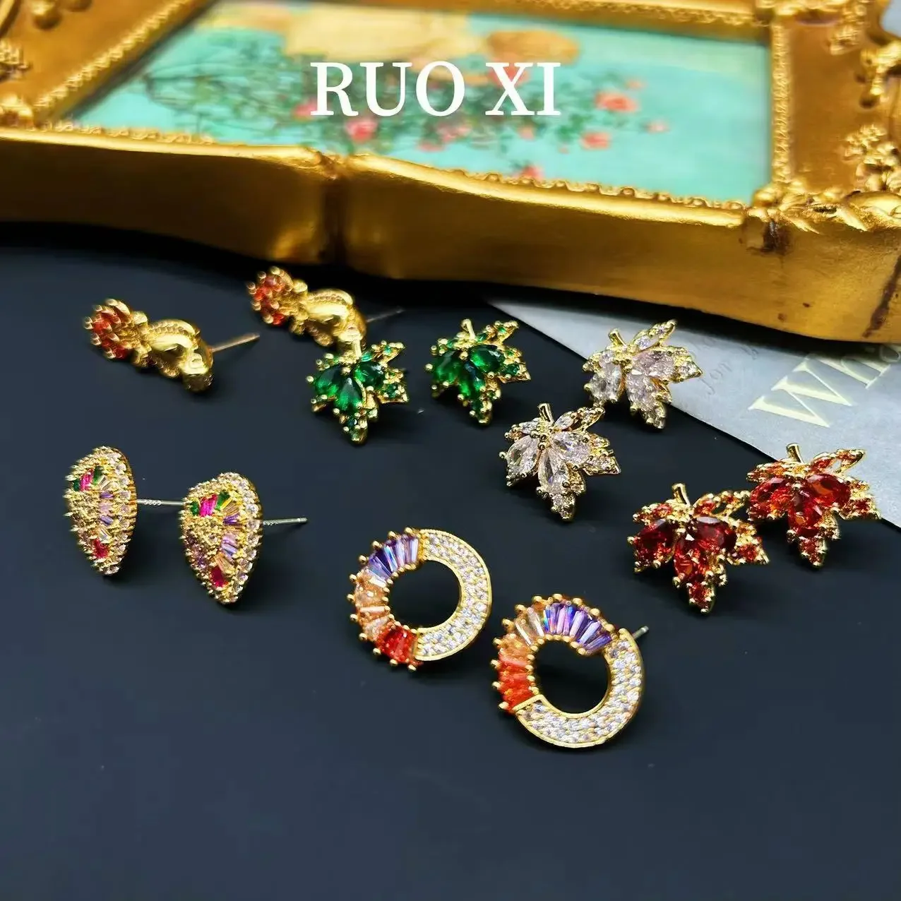 Needle Zircon Color Middle Ancient Ornament Vintage Copper Maple Leaf Love Special Interest Light Luxury Earrings Ear Studs