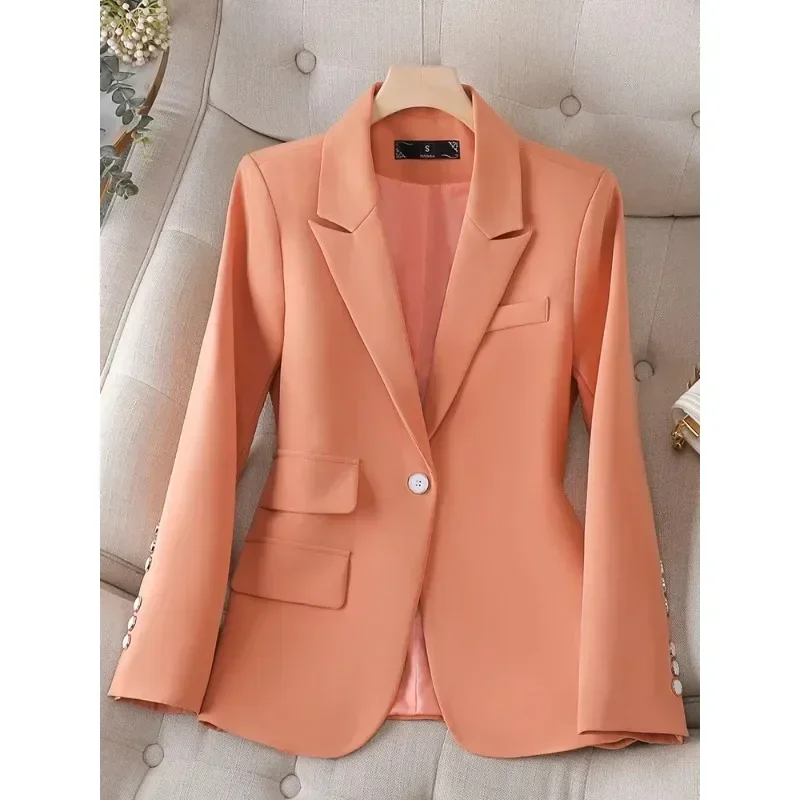 Blazer monocromático de botão único feminino, manga comprida, jaqueta casual, casaco feminino, laranja, preto, bege, moda feminina