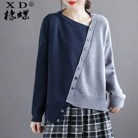 2022 new autumn and winter special design asymmetric color matching V-neck sweater sweater women's long-sleeved women's tide