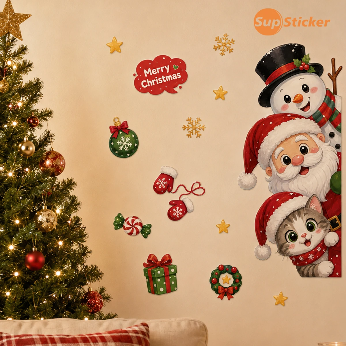 Christmas Themed Peel and Stick Wall Decals,Removable Waterproof Holiday Wall Stickers,4 Styles for Smooth Surface Decor