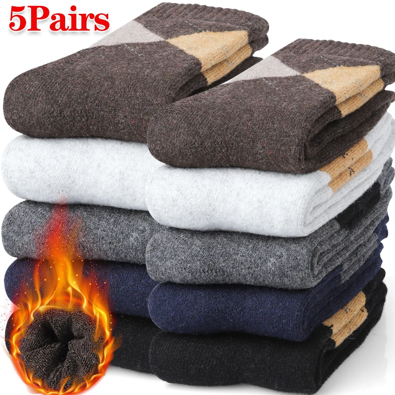 

5 пар зимних термошерстяных носков, мужские махровые носки с ромбовидной решеткой, толстые дышащие морозостойкие носки средней длины, унисекс
