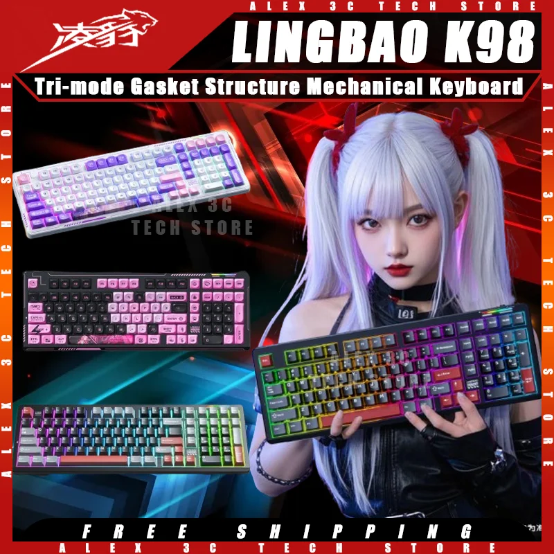 LINGBAO K98 Mechanical Keyboard Tri-mode Wireless Gasket Structure Hot Swap Ergonomics RGB Esports Customized Gaming Keyboard