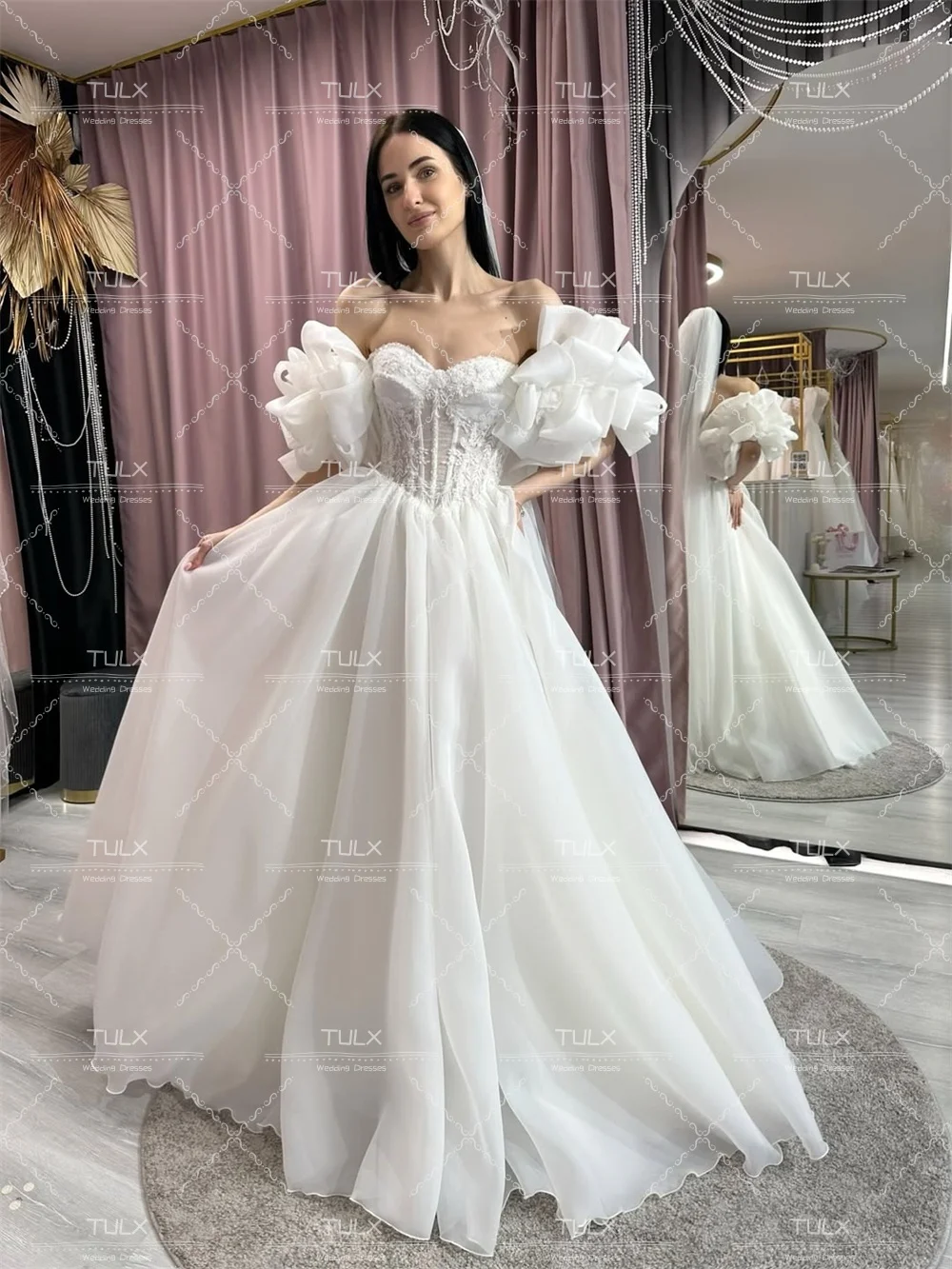 TULX 럭셔리 아이보리 오간자 퍼프 슬리브 웨딩 드레스 섹시한 스위트하트 레이스 브라이덜 가운 A라인 롱 로브 드 마리에 맞춤 제작